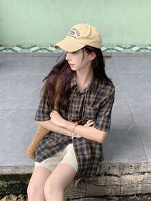 复古格子刺绣短袖Polo领休闲女式衬衫，适合秋夏季穿着 - 藍紫色 - 查看 6