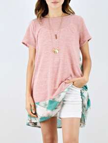 Boho Retro Rayon Cool Soft Summer Cuff Short Sleeve Crew Neck T Shirt Mini Dress Tunic With Pockets - 粉色 - 查看 2