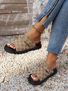 Strap Platform Soft Bottom Sandals, Beach Slippers New Summer Outdoor Wear Flat Simple Slip-On Shoes - Khaki - View 1