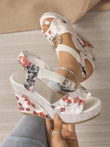 2024 New European Women Wedge Thick Sole Sandals, Spring Summer Outdoor Versatile Buckle Sandals, Model Stage Sexy Shoes, Color Block Floral Beach Casual Slippers, Comfortable Open Toe Shoes, Green Floral Print Platform Sandals For Petite