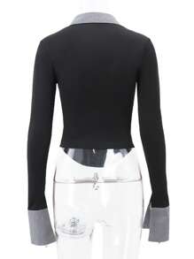 Women's Spring Autumn Tops Long Sleeve Lapel Button Contrast Color Slim Fit T-Shirt Shirt