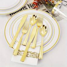 50pcs/Set Gold Cutlery Set, 10pcs 19cm Plates, 10pcs 26cm Plates, 10pcs Gold Forks, 10pcs Gold Spoons, 10pcs Gold Knives, Suitable For Wedding, Party, Birthday, Kitchen, Beach BBQ, Picnic, Camping, Restaurant, Easter, Halloween, Valentine's, Charity , Bakery, Market Stall, Outdoor, Convenient For Travel, Reusable And Washable - Gold - View 4