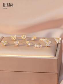 Hihho 10 件/套（优雅白色礼盒）闪亮锆石镶嵌蝴蝶和心形设计每周耳环，金耳环耳钉首饰套装，送给女朋友的最佳礼物