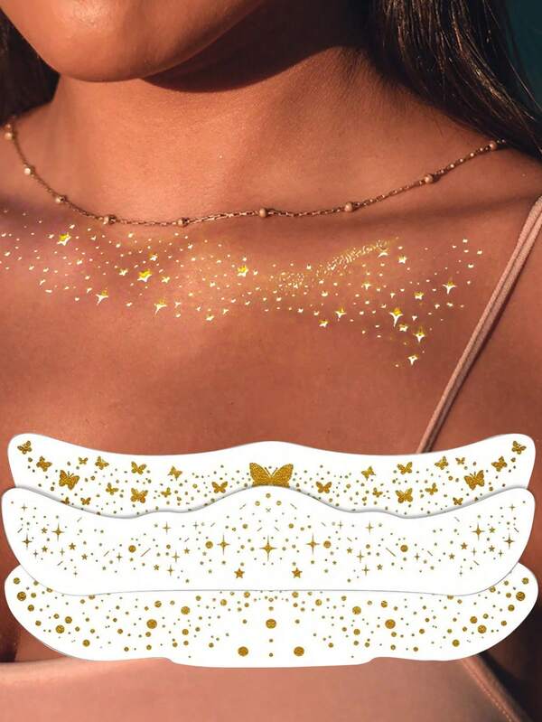 1 pedaço de adesivo de tatuagem corporal dourado brilhante, tatuagem temporária estilo Ins, adesivo de maquiagem corporal autoadesivo retrô à prova d'água, design com padrão em forma de borboleta e estrela, adequado para decoração de festas, carnaval, Halloween, fantasias de casamento, acessórios para fantasias de cosplay, decoração de boate, Y2K, festival de música, fantasias para festa de aniversário, acessórios para maquiagem, acessórios para fotos, acessórios para vestir diariamente, adesivos para decoração facial, acessórios para vestir para baile de maquiagem de festa