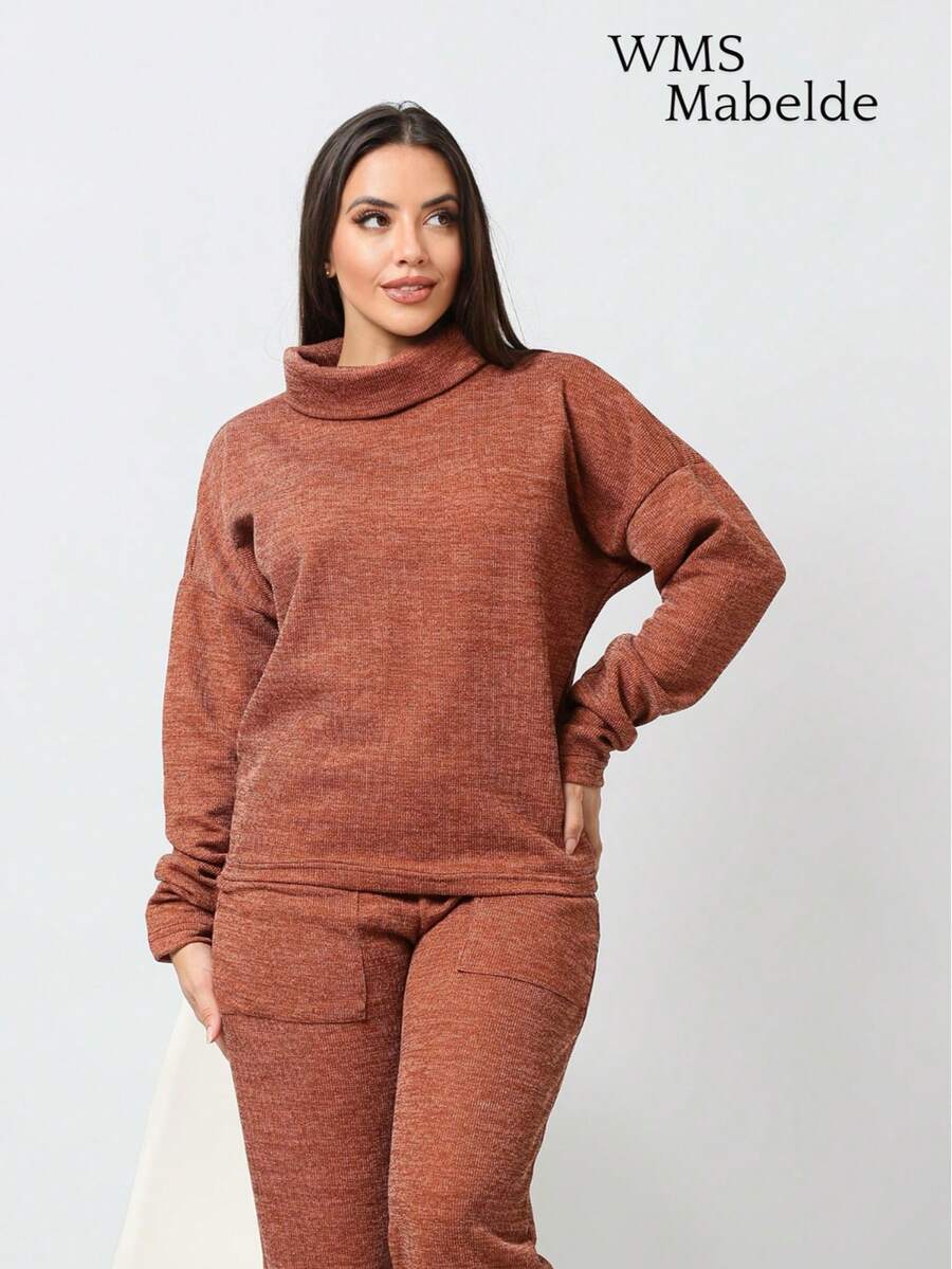 WMS Women's Woolen Ribbed Crew Neck Pants Set SimpleElegantCasualCutePocket - 駝色 - 查看 1