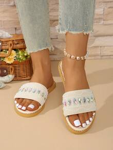 Elegant Women's Sandals, Provide Ultimate Comfort With Soft Soles, Colorful Style, Sparkling Rhinestone Decor, Suitable For Daily Wear, Fashionable And Comfortable Footwear Choice For Women - Beige - View 3