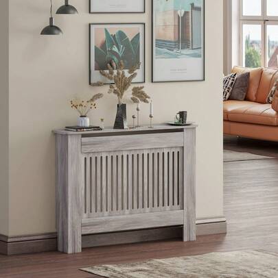 Jooli H Radiator Cover Grey Modern MDF Vertical Slats Wooden Top Cabinet For Living Room Bedroom Hallway, Medium