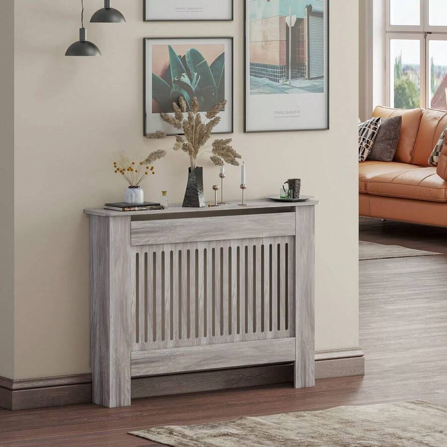 Jooli H Radiator Cover Grey Modern MDF Vertical Slats Wooden Top Cabinet For Living Room Bedroom Hallway, Medium - Grey - View 1