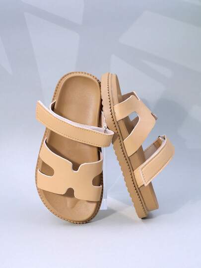 1 Pair Kids Simple Solid Color Leather Comfortable Lightweight Dual-Strap Design Flat Casual Slippers, Suitable For Daily Wear, Beach And Vacation