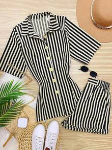Women's Casual Striped Shirt And Shorts Set, Short Sleeve Top With Shorts, Suitable For Daily Wear, Elegant Ladies Outfit, Summer Holiday Beach Wear - Black - View 12