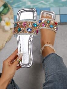 Women's Luxury Rhinestone Strap Slipper, Square Toe Flat Leather Sandals, Casual Summer Party Valentine's Day Gift Lady Shoes - Silver - View 2