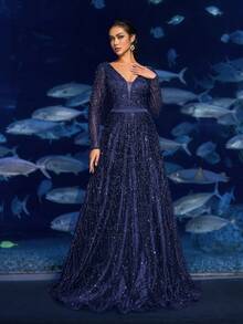 Faeriesty Haute Glamour Elegant V-Neck Long-Sleeve Beaded A-Line Evening Gown With Back Tie Closure – Perfect For Black-Tie Galas, Red Carpet Events, Gala Dinners, Opera Premiers & Luxury Wedding Receptions - Navy Blue - View 2