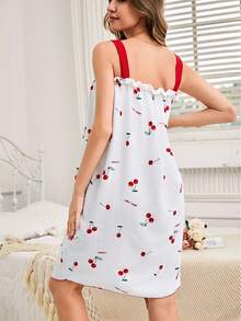 Women's Cherry Fruit Print Camisole Slip Dress, Sleepwear & Lounge Wear With Bubble Ruffle, Built-In Bra And Princess Style, Moo Moo - Red - View 2