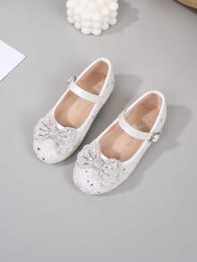 Shiny Sequin Bow Tie Party Wedding Dance Flat Shoes, Wedding Guest Ballet Flats Suitable For Toddler, Little Kid And Big Kid, High-End Fashion Shiny Sequin Party Wedding Dance Flat Shoes - White - View 3