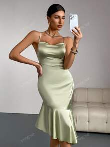 Vestido de Coquetel Elegante Ajustado Simples com Alça Tipo Spaghetti de Cor Sólida, Vestido de Festa