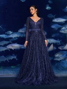 Faeriesty Haute Glamour Elegant V-Neck Long-Sleeve Beaded A-Line Evening Gown With Back Tie Closure – Perfect For Black-Tie Galas, Red Carpet Events, Gala Dinners, Opera Premiers & Luxury Wedding Receptions - Navy Blue - View 5