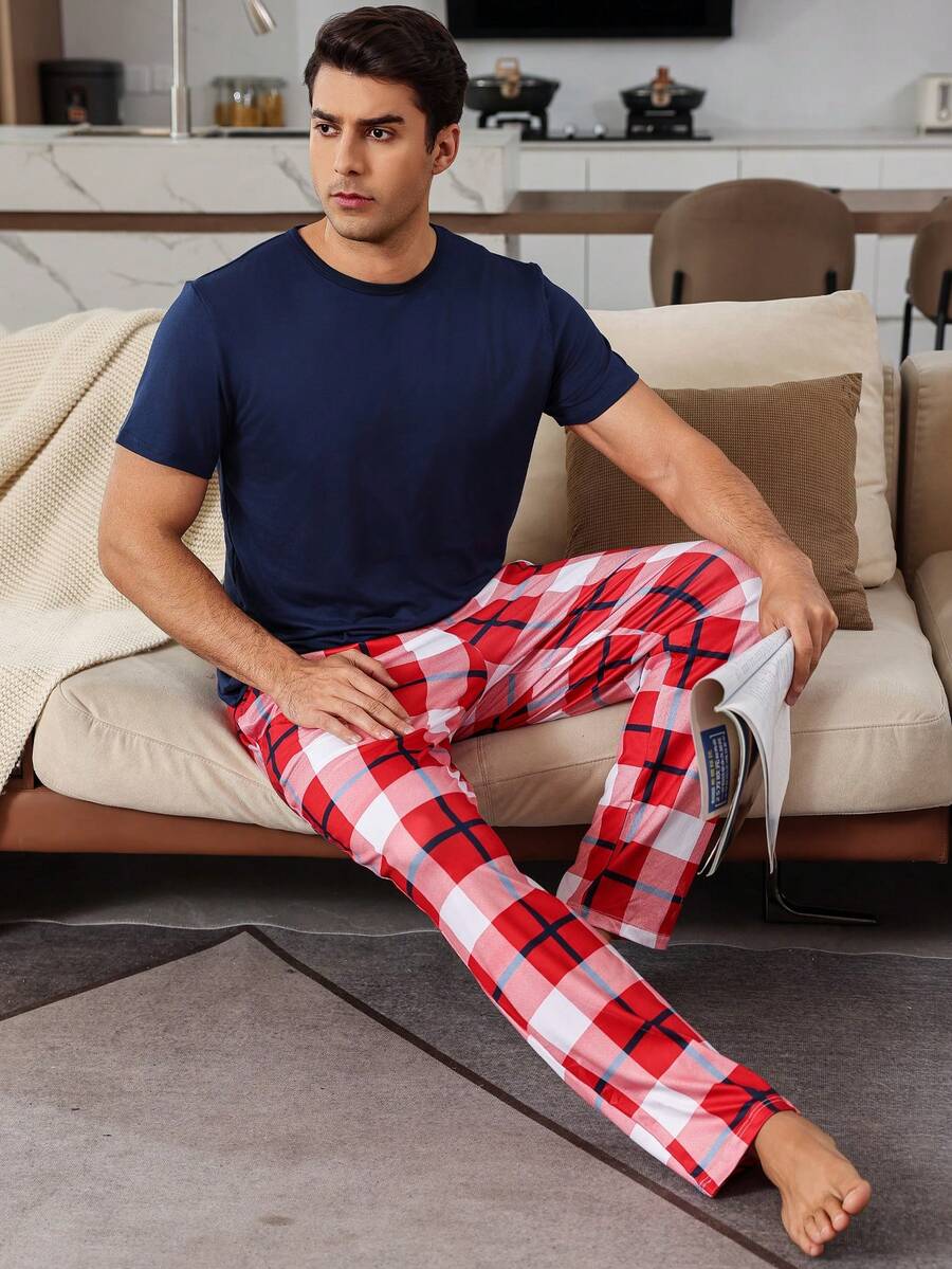 Men's Short Sleeve & Long Pants Pajama Set, Navy Blue Top With Plaid Pants, For Casual Home/Sleepwear - Navy Blue - View 1