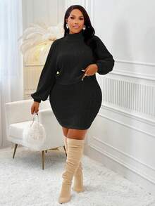 Plus Size Women'swarm High Neck Off Shoulder T-Shirt And Skirt Knitted Set, Suitable For Daily Outings And Office Wear - Black - View 1