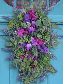Simulation Becoration,Summer Spring Colorful Tulips Wreath For Front Door Artificial Flower Lavenders Swag Garlands For Wedding Porch Wall Decor - Màu tím - Xem 7