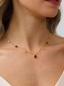 FUNEIA 14K Gold Plated  Necklaces For Women CZ Diamond Choker Necklace Red Emerald Green Blue Black Teardrop Necklace For Wedding Bridesmaid Prom  Gold Jewelry Gift - 酒紅色 - 查看 1
