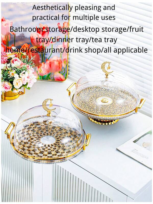 1 pieza Organizador de joyería con borde dorado transparente, bandeja de frutas, plato de aperitivos, plato de pasteles, plato multiusos para decoración del hogar y sala de estar, stand de exhibición para mesa de postres, regalo del Día de San Valentín
