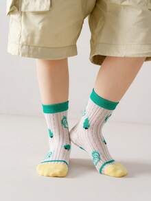 5 Pairs Random Cartoon Dinosaur Print And Striped Breathable Boys Socks, Suitable For Spring/Autumn Daily Wear - Multicolor - View 7