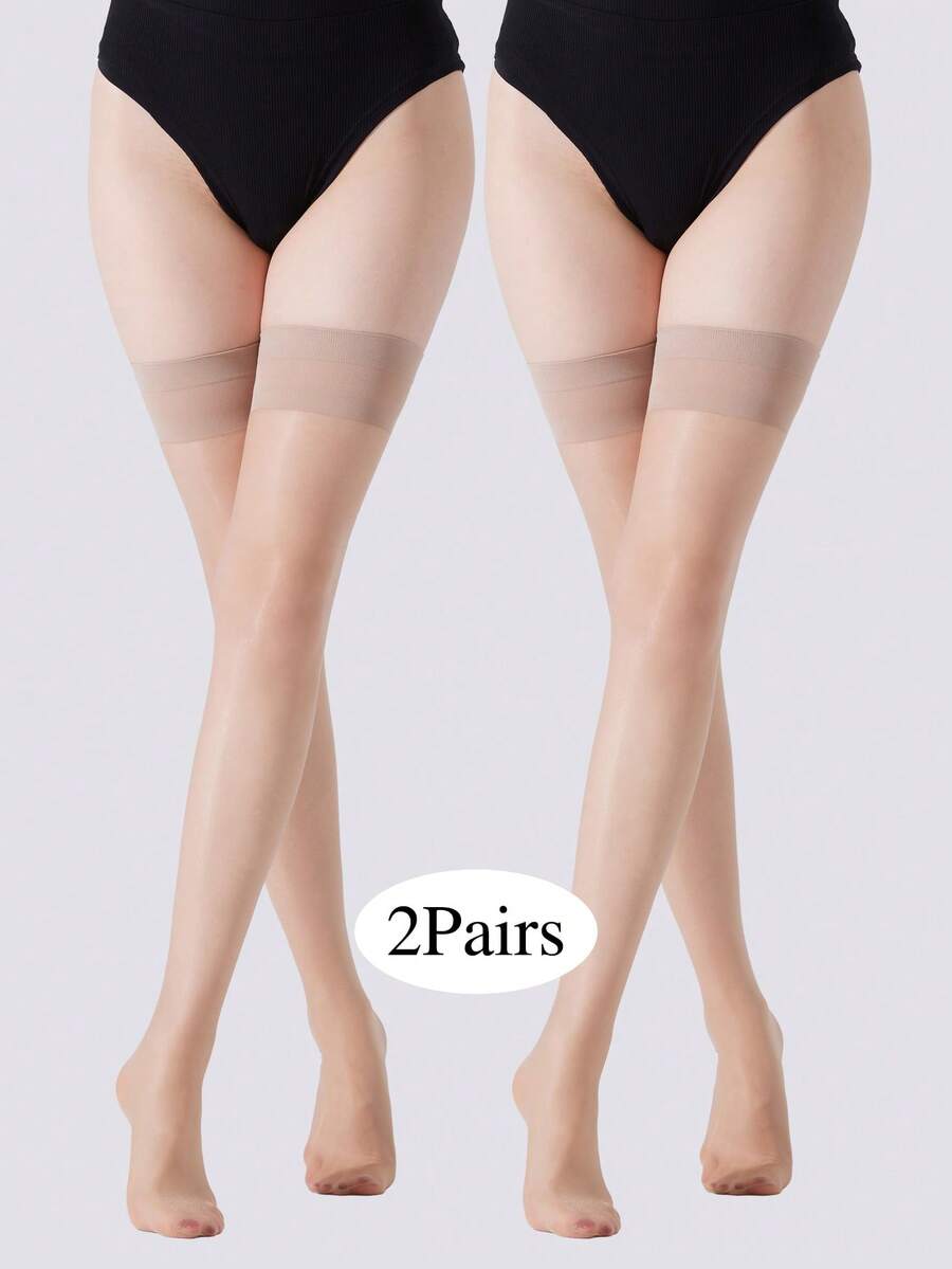 2双女士超薄透明过膝袜，舒适保暖 - 米色 - 查看 1