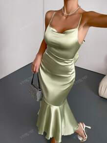 Vestido de Coquetel Elegante Ajustado Simples com Alça Tipo Spaghetti de Cor Sólida, Vestido de Festa
