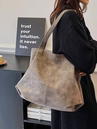 Large Capacity Tote Bag, Retro Style Faux Leather Handbag With Front Pocket For Work & Travel