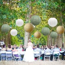 15pcs/10 Pcs Green, White & Gold Round Hanging Paper Lanterns Decorations, Rustic Wedding Birthday Party Decor Round Paper Lanterns Decoration, Gold/Ivory/Green-Grey Color, Hanging Paper Lanterns Suitable For Country Party - Multicolor - View 11