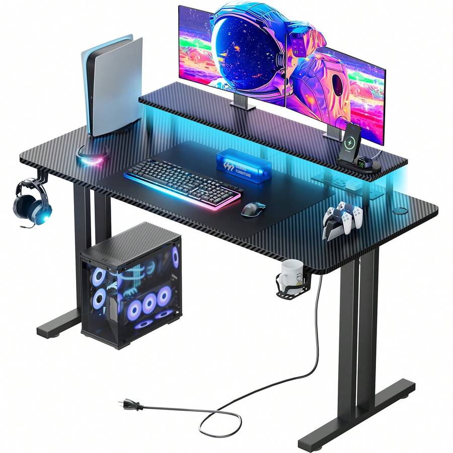 HLDIRECT Gaming Desk With LED Lights & Power Outlet, Computer Gamer Desk With Monitor Stand, Ergonomic Carbon Fiber Gaming Table Home Office Desk With Cup Holder, Headphone Hook & Mouse Pad