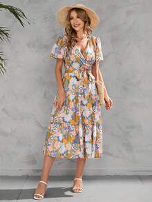 Vestido Largo Con Estampado De Flores Para Mujer,Vestido De Verano Con Escote En V Profundo y Manga Con Volantes - Amarillo - Ver 4