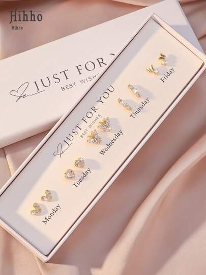 Hihho 10pcs/Set (Elegant White Gift Box) Sparkly Zirconia Inlaid Butterfly & Heart Design Weekly Earrings, Gold Earring Studs Jewelry Set, Best Gift For Girlfriends