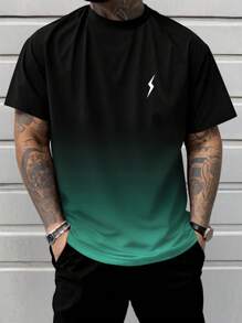 Camiseta de manga corta con cuello de tripulación con estampado de rayos en degradado de talla grande para hombres