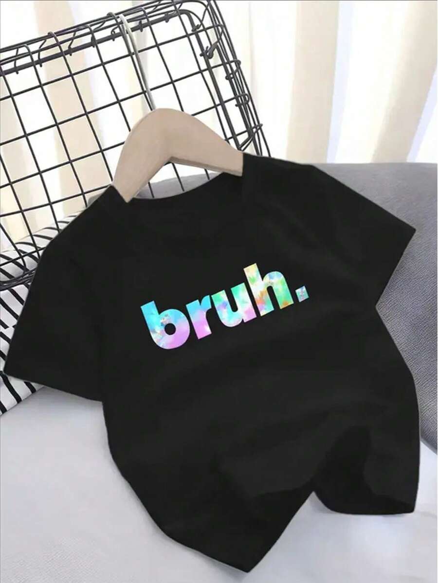 Kids "Bruh" Print T-Shirt - Cotton Blend Crew Neck Short Sleeve Top, Cute Alphabet Pattern Knit Fabric, Regular Fit, Medium Stretch For Girls - Spring/Summer Casual Tee For Ages 12 And Under - 黑色 - 查看 1