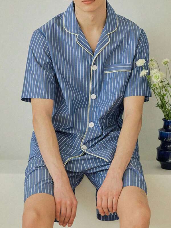 2pcs Men's Striped Print Short Sleeve & Shorts Pajama Set, Summer Sleepwear