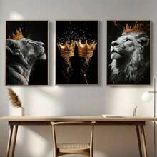 3-delige set Golden Crown & Lion Couple Lovers Canvas Prints, moderne abstracte wandkunst, prints - zonder lijst, dierenposters, eigentijdse woondecoratie voor woonkamer, slaapkamer, kantoor en meer, zonder lijst
