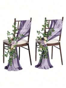 3pcs/Set Wedding Chair Decorations Aisle Pew Artificial Flowers With 2Pcs 98.4in Hanging Chiffon Fabric Cream For Ceremony Reception Floral Faux Backdrop Rose Arrangement Party Outdoor Decor, Wedding Stairway Flowers Decoration For Wedding Decoration, Valentine's Day Decor, Birthday Decor, Anniversary Decor, Holiday Decor, Graduation Decoration, Party Decor Spring Decorations - 紫色 - 查看 6