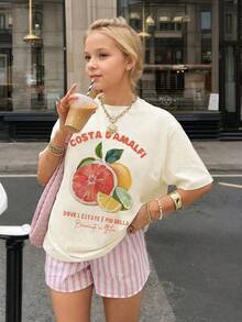 1pc Tween Girls Printed Pullover Short Sleeve T-Shirt, Comfortable & Fashionable Summer Top, Student/Young Kid Clothing - Apricot - View 3