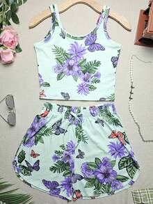 Cropped Top Sets Simple Basic Tank Top+Short Shorts With Prints - Hudietaoz - View 1