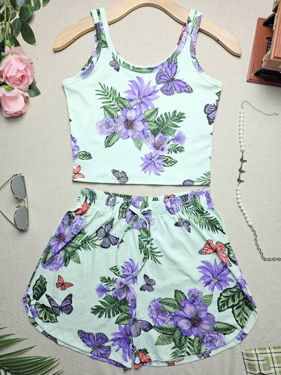 Cropped Top Sets Simple Basic Tank Top+Short Shorts With Prints - Hudietaoz - View 1