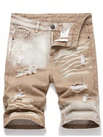 Teenagers Boys' Fashionable Khaki Distressed Denim Shorts