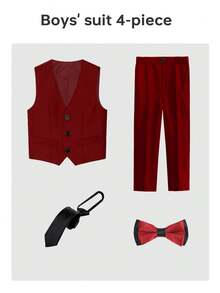 Red Young Boys Suits, 2 Pieces Suit, Vest, Pants, Tie, Bowknot - Burgundy - View 3