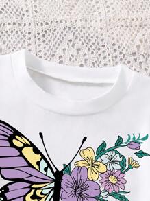 2pcs/Set Tween Girls Butterfly Print Short Sleeve Top And Skirt