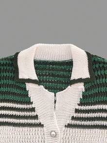 Korean Style Christmas Casual Boho Holiday Party Vintage Old Money Style Cute Airport Streetwear Country Concert Going Out Tops, Boho Holiday Party Polo Collar Contrast Stripe Hollow Semi-Sheer Pocket Button Casual Loose Short Sleeve Knit Top - Green - View 4