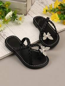 1 Pair Toddler Girls Black Flat Sandals, PU Toe-Loop Strap With Shiny Rhinestone Buckle, Pearl & Butterfly Decor, Round Toe Non-Slip Lightweight Cute Roman Style House Slippers, Suitable For Baby Girls Daily Casual, Party, Holiday, Spring/Summer 2025 - View 7