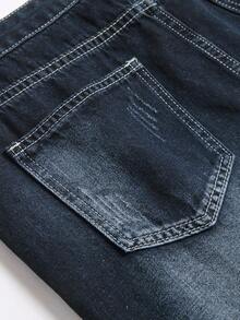 Retro Style Distressed Embroidery Dark Blue Slim Fit Straight Leg Casual Jeans For Teenage Boys