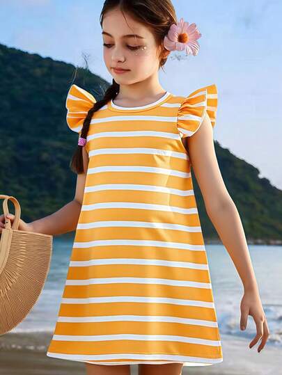 Seven Princess Kleine Mädchen Gestreiftes Sommerkleid im Prinzessinnenstil mit Mütze, Kurzarm, Lässig