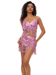 Glitzer-Pailletten-Quasten-Kleid-Sets für Frauen, 2-Teiler Outfit bestehend aus enganliegendem Trägertop und Minirock, funkelnder Fransen-Anzug