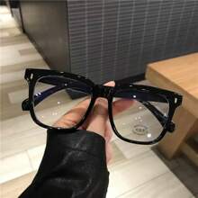 1pc Fashion Retro Non-Prescription Glasses, Large Frame Rectangle Black Eyeglass Frame For Nearsighted, Suitable For Round Face